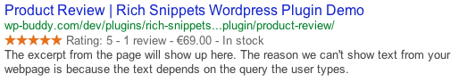 Enriched Search Result on Google showing a star rating, the price and the availability of a WooCommerce product.