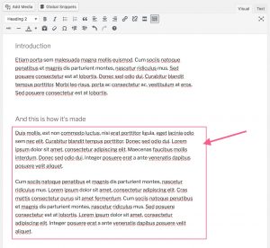 Example text for a recipe in the WordPress editor