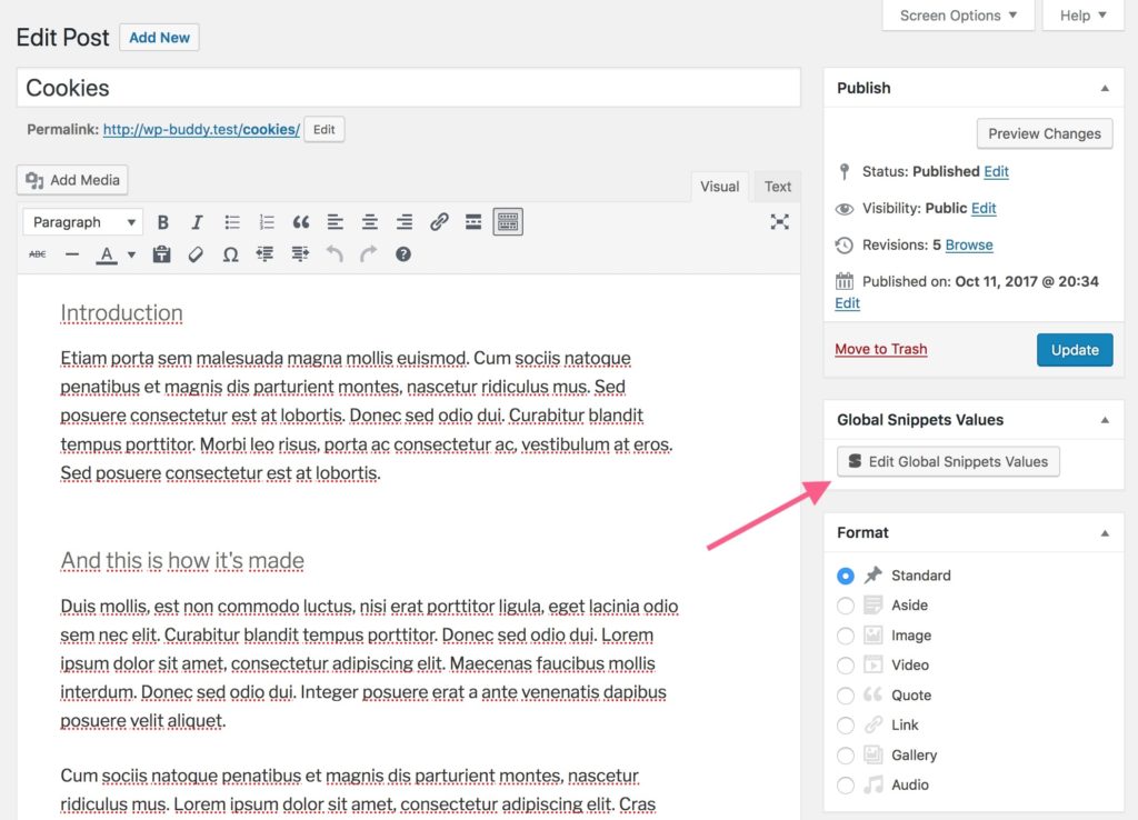 The Global Snippets Values Button on the post edit screen