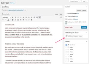 The Global Snippets Values Button on the post edit screen