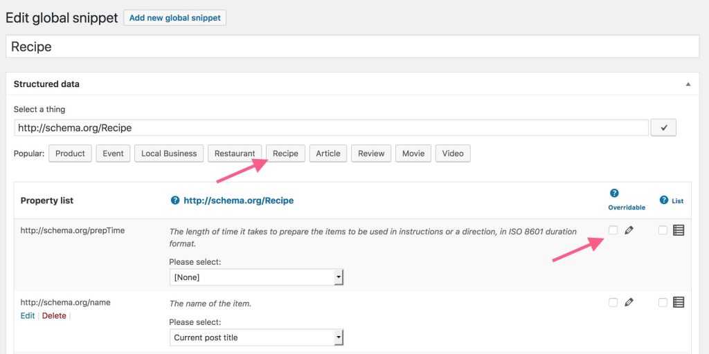 Recipe snippet with some properties and the overridable option on the right