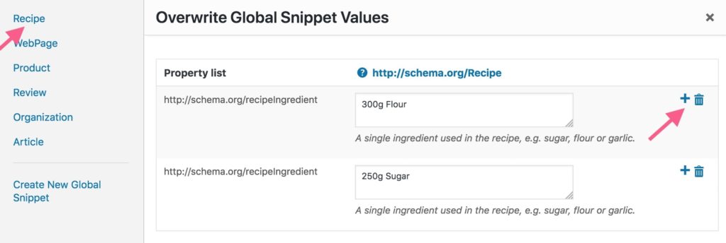 The Recipe snippet with the recipeIngredient property that can be added multiple times.