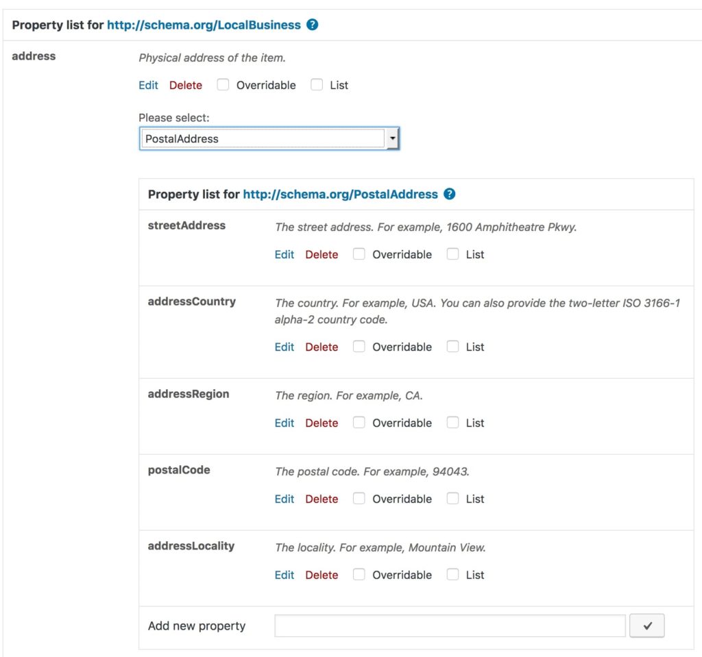 address property with PostalAddress sub-properties