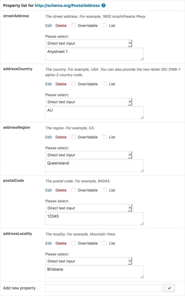 Required property list of PostalAddress schema class