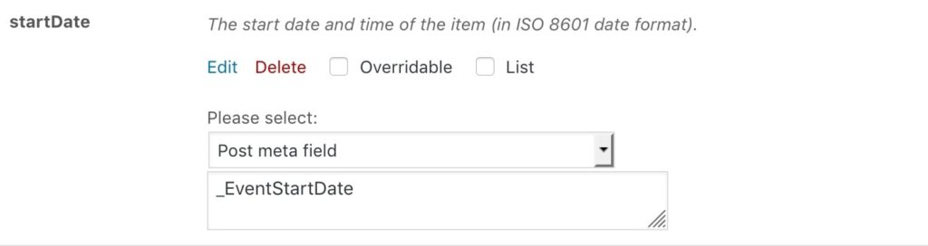 startDate property with content from a postmeta field