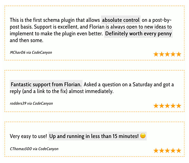 Customer testimonials of the rich snippet WordPress plugin