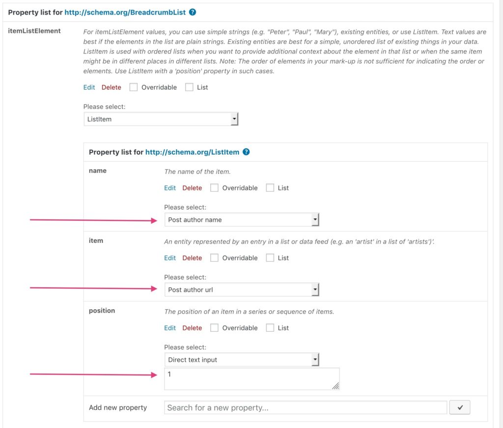 The ListItem schema type has been filled with name, item and position