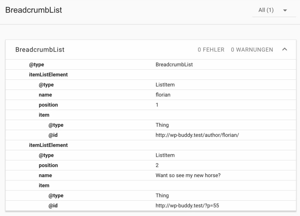 Googles Structured Data Test Tool shows the result of a BreadcrumbList.