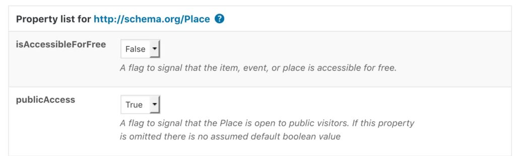 schema.org/Place with two properties: isAccessibleForFree and publicAccess