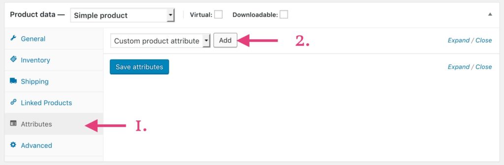 Click "Atributes" and the "Add" button in the product data metabox.