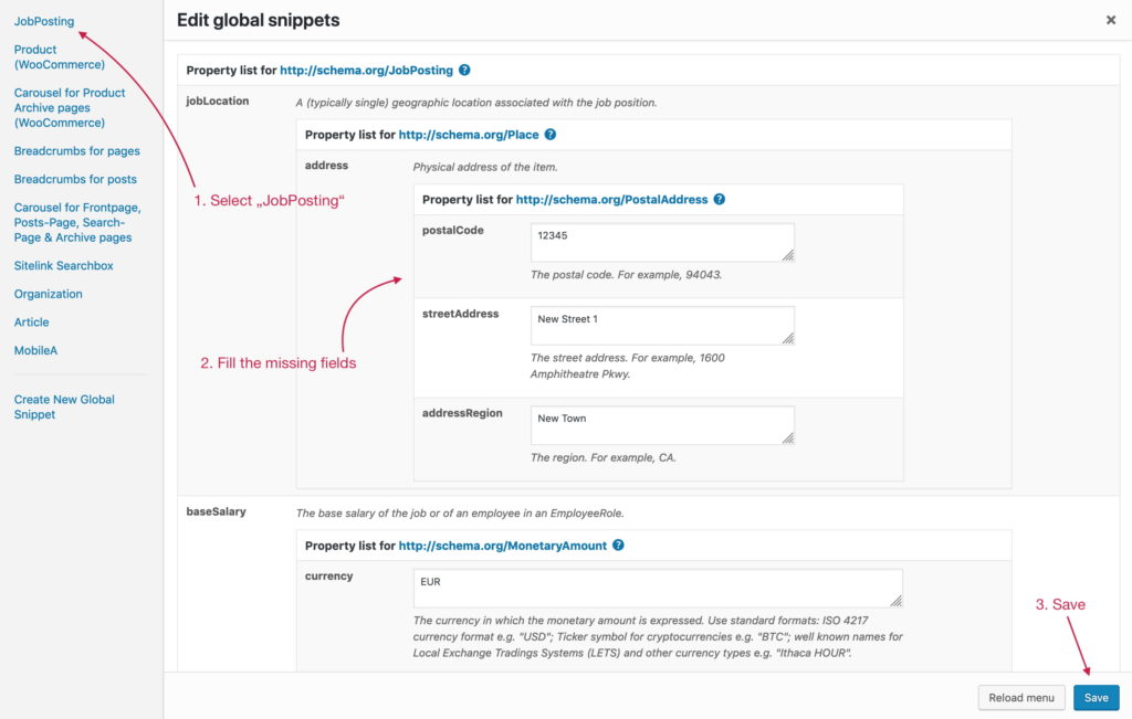 Global Snippets Window showing overridable JobPosting properties