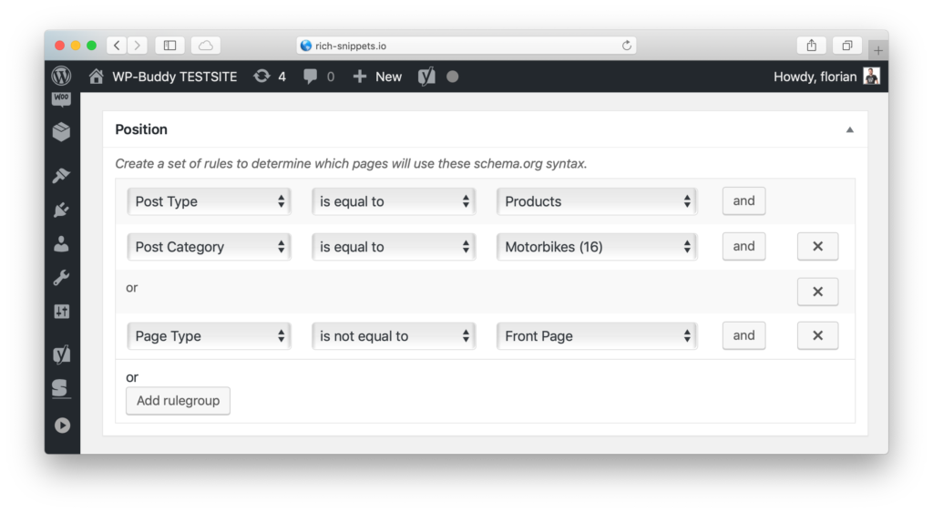 The position metabox allows to set up  multiple rules for Global Snippets.