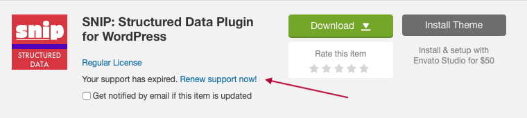 Download box on CodeCanyon with a "Renew support now" link.