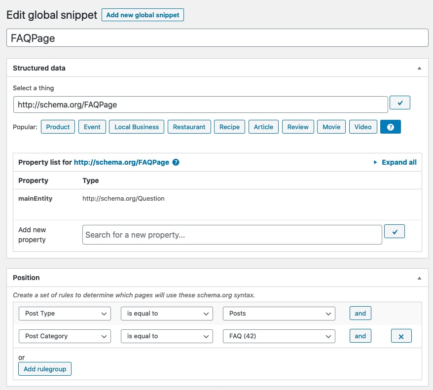 Global Snippet for a FAQPage Schema showing the Structured Data Generator and the Position metabox where Post type = Posts and Post Category = FAQ is selected.